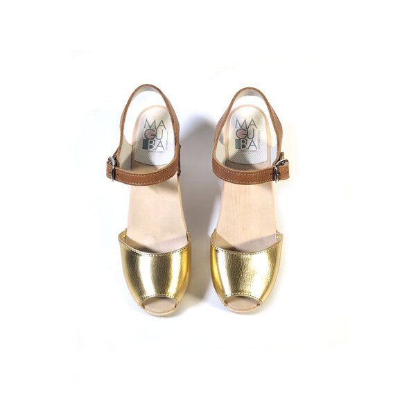 MAGUBA Clogs 37 Gold Open Toe Leather Heeled Swedish Clog Sandals *PRIMO* - Picture 3 of 12